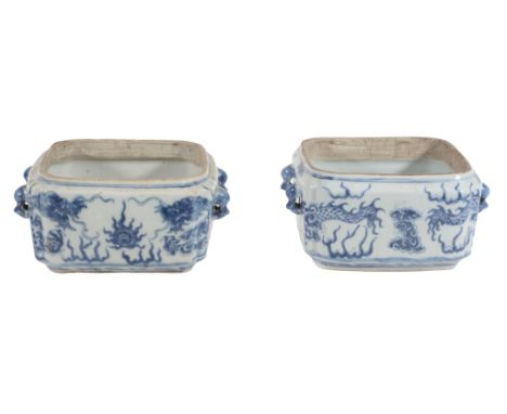 A pair of Chinese blue and white square double-handled bowls  A pair of Chinese blue and white square double-handled bowls, D