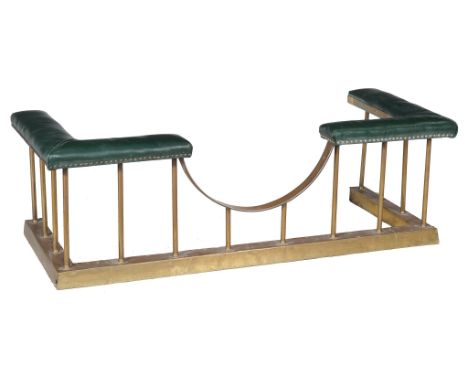 A brass and leather upholstered club fender , 20th century  A brass and leather upholstered club fender  , 20th century, the 