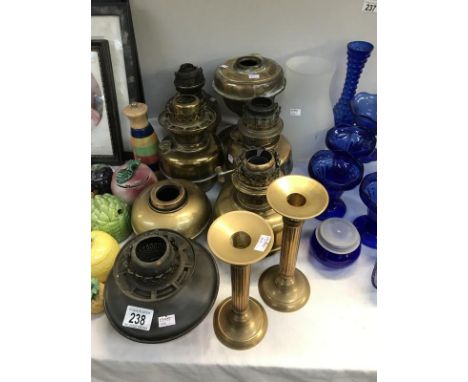 7 assorted brass &amp; copper oil lamp vessels/base together with a pair of brass candlesticks, lamp shade &amp; 3 items of b