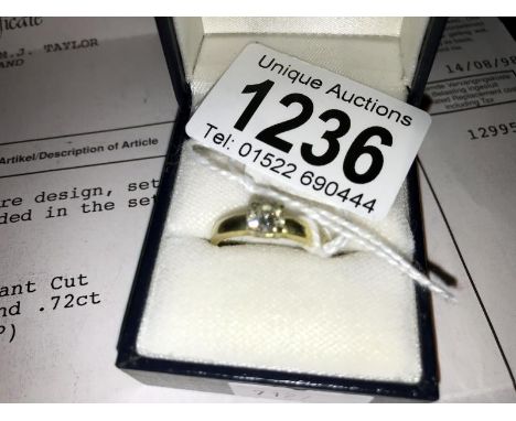 An 18ct gold round brilliant cut 0.72ct diamond solitiare ring, size O. (with original purchase invoice).