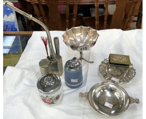 A Chinese metal pipe, metal pipe, silver plated bon-bon dish, 2 handled tray &amp; matchbox stand etc.