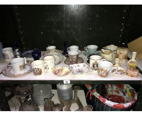 A shelf of mixed porcelain &amp; pottery including Palissy &amp; Crown Staffordshire etc.