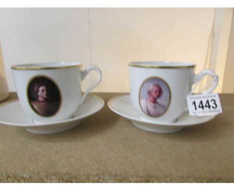 2 Norwegian tea cups and saucers with miniature portraits (1 A/F)