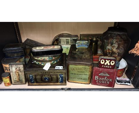 A quantity of vintage tins including Mazawattee Tea, Countryside Farms Money Box Milk Churn, Huntley &amp; Palmer, Peek Frean