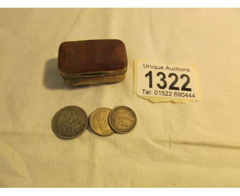 A 19th century stone set snuff box with 3 silver coins,.