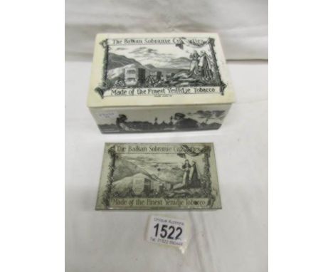 A ceramic cigarette box for Balkan Sobranie cigarettes (a/d, some small cracks at corners) and a matching tin.