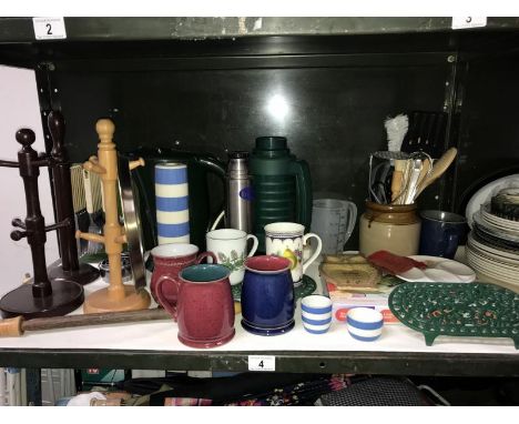 A shelf of kitchenware including TG Green rolling pin & Denby items