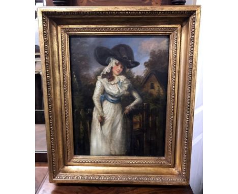 A portrait of girl in white dress in the style of Sir Joshua Reynolds with 1988 bill of sale which attributed to Sir Joshua R
