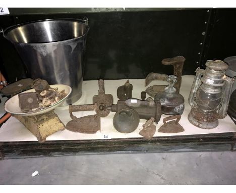 A set of cast iron kitchen scales, flat irons &amp; mincers etc.