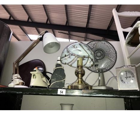 A quantity of miscellaneous including lamp, fan &amp; carriage clock etc.
