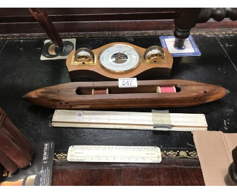 A mixed lot including weather station plaque, a loom shuttle, a slide rule and a scale rule