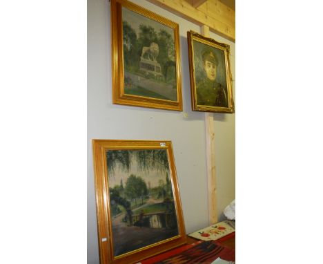 2 oil paintings of Lincoln arboretum and a portrait.
