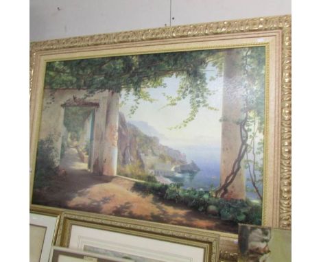 A large framed oil over print view of Amalfi coast signed C F Aagard, 100 x 68.5 cm.