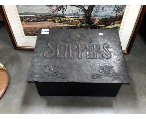 An old copper slipper box, Victorian door stop and a later door stop