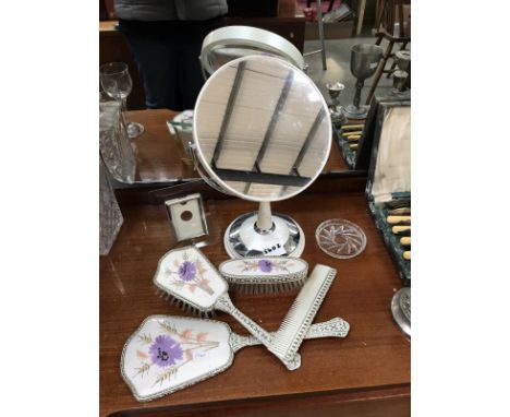 A matching vanity set (brush, mirror, comb, clothes brush) plus a mirror, glass pin tray and glass picture frame