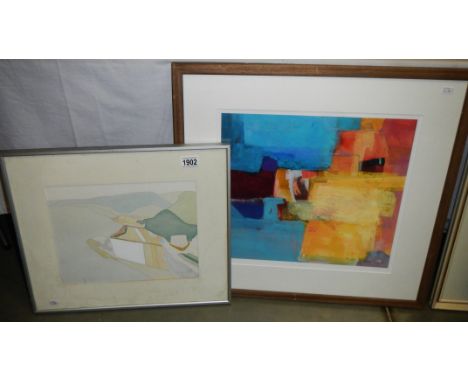 A T. Nash 1970's abstract landscape watercolour, signed, together with a limited edition print 4/25 'The Harbour' by Anne Tee