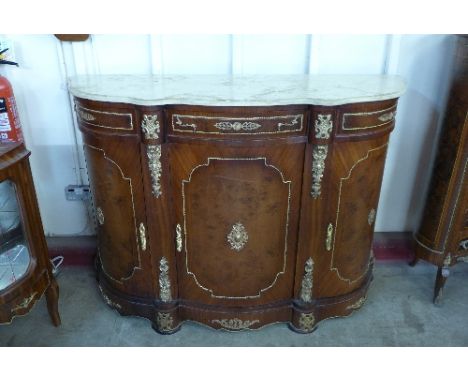 A reproduction French Louis XV style walnut effect marble topped commode