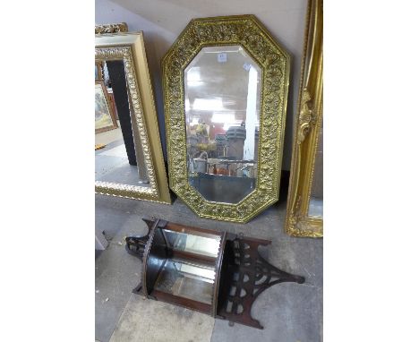 An Edward VII mahogany corner wall shelf and embossed brass framed mirror