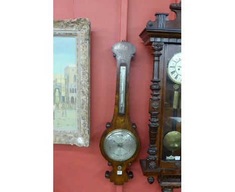 A Victorian rosewood banjo barometer, the silvered dial signed M. Pillischer, 88 New Bond St., London