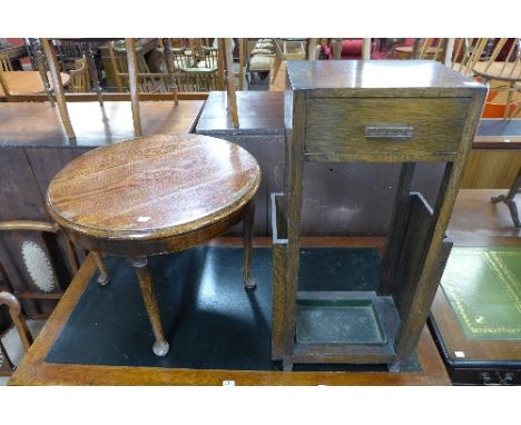 An Art Deco oak stick stand and occasional table