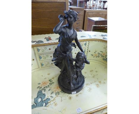 A French style bronze figure of a mother and child, on black marble base
