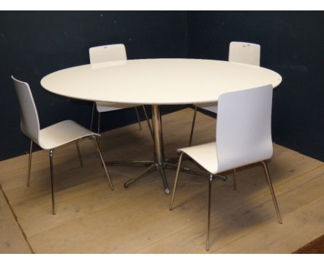 Contemporary mahogany card table, set of 4 contemporary white plastic & chrome dining chairs 72Hx90W & a similar white dining