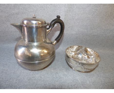 Silver hot water jug, Sheffield 1903, of spherical form with rising collar and sparrow beak spout, a circular sugar basin, Lo
