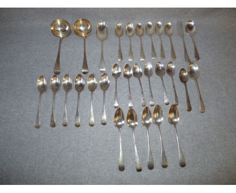 Collection of assorted Old English, mainly, antique silver flatware, various makers and dates comprising a pair of sauce ladl