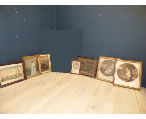 C19th English School, portrait of a lady standing full length, pastel, assorted portrait figural studies & mixed engravings  