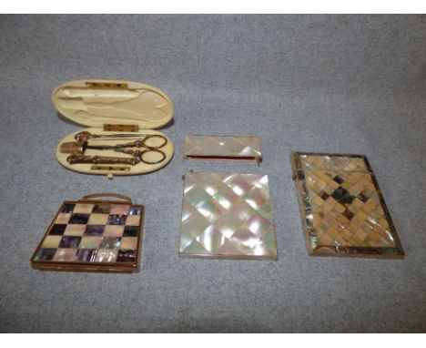 Edwardian yellow metal & steel necessaire, 2 mother of pearl card cases & ladies compact PLEASE always check condition before