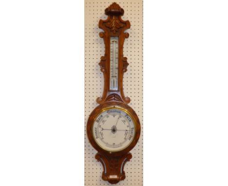 Victorian carved oak cased aneroid wheel barometer/thermometer - 'Deacons?, Swindon' PLEASE always check condition before bid
