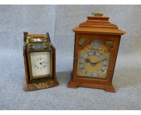 Late C19th small brass timepiece with full length dial to a French movement, 9cm tall to handle in original case & a walnut c