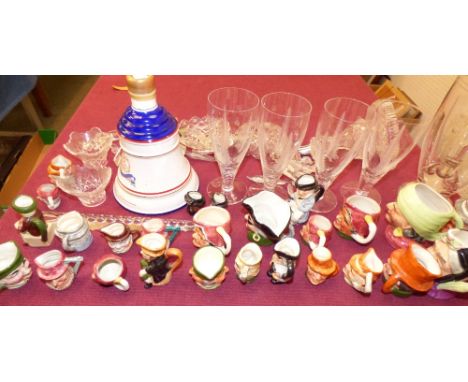 Collection of pottery toby jugs, commemorative Bells whisky, glass light fitting, drops, lemonade set PLEASE always check con