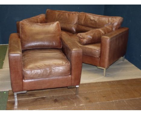 Good quality contemporary brown leather sofa & matching armchair on chrome legs PLEASE always check condition before bidding 