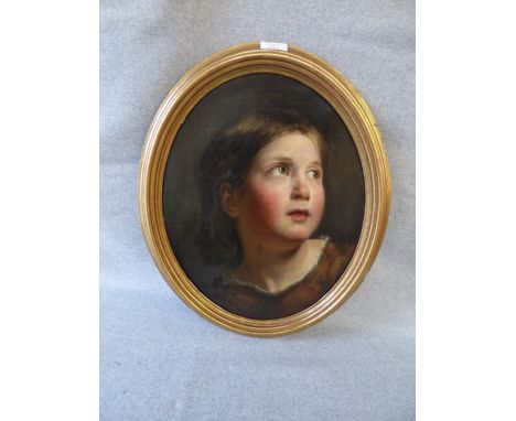 C19th Continental school portrait of a young girl, head & shoulders oil on canvas, indistinctly signed on stretched verso 'Pa