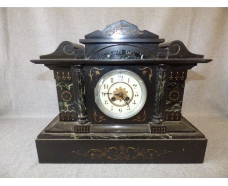 Pince Nez, pair of binoculars, oval cut glass tray and French slate & marble mantel clock 26x41cm PLEASE always check conditi