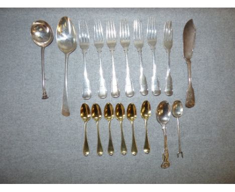 Collection of assorted silver flatware, mainly antique, various makers and dates, comprising six silver gilt bottom marked te