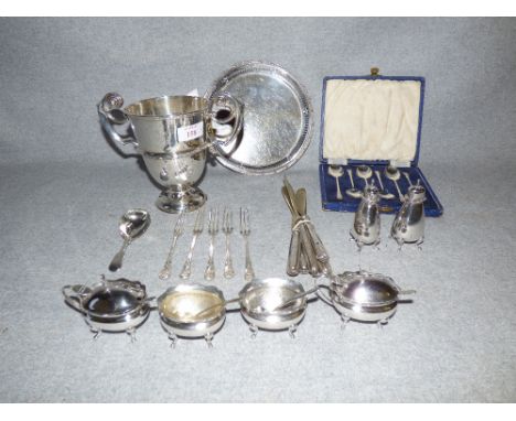 George V silver circular tray, Edwardian two handle cup, caddy spoon, cake knives, six coffee spoons 17.7 oz together with a 