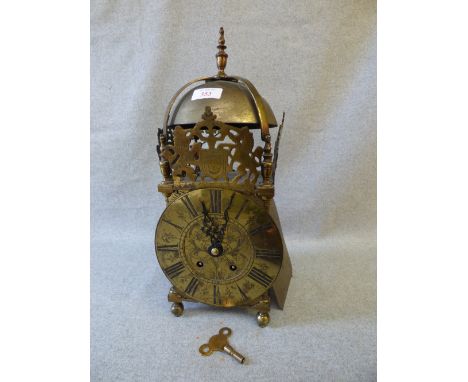 C19th brass lantern clock in the C17th taste with later brass two train movement on to dial, inscribed 'Luke Wise, Reading', 