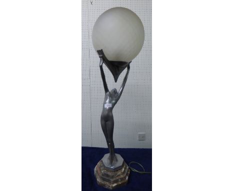 Art deco style lamp of a nude figure on marble base with frosted glass shade 85 cm H PLEASE always check condition before bid