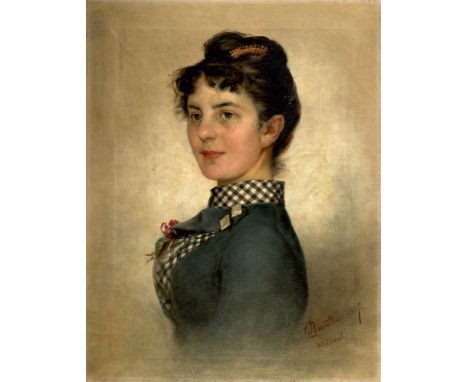 Karl Anrather (1861 Margreid, Südtirol - 1893 ebenda)Bildnis einer Dame. 1887. Öl auf Leinwand. 41,5 x 32,3 cm. Signiert und 