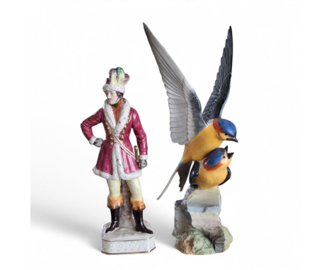 A square based 20th C Dresden figure, together with a Royal Crown Derby Red Rumpted swallow , both back stamped as shown. swa