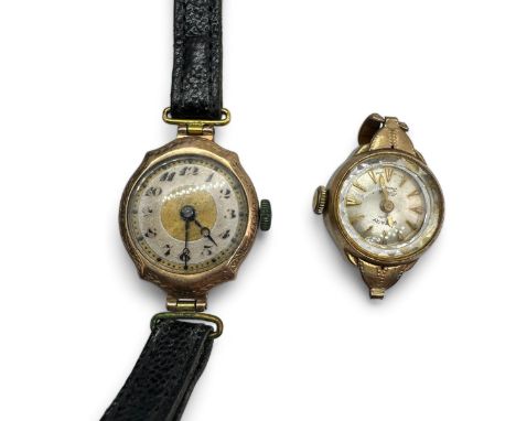 Two 9ct gold cased cocktail watches and a "15ct" stamped head ruby set stick pin in case. Gross weight of pin: 0.80 grams. Gr