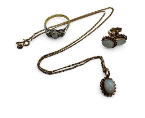A suite of gold and opal jewellery. Comprising an 18ct gold diamond and opal trilogy ring, size L, together with a matching 9