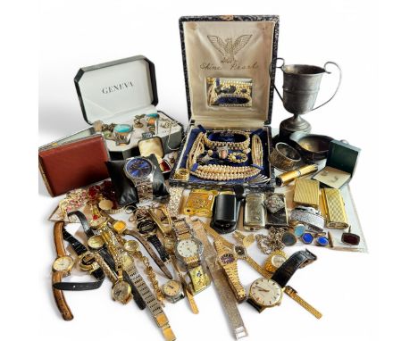 A collection of contemporary and vintage costume jewellery together with a number of wristwatches to include a Chalet gents w