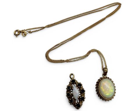 A 9ct gold opal pendant, with a 9ct gold curb chain, together with an opal and sapphire marquise pendant. The opal is a bezel