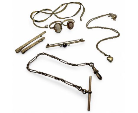 A collection of 9ct marked and/or tested gold jewellery. To include a 9ct gold Albertina trombone link watch chain, approxima