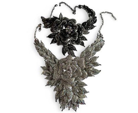 Butler &amp; Wilson: two oversized floral spray collars in Rhinestones. The larger a silvered piece, the smaller in grey scal