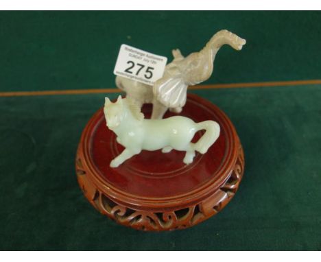 Soapstone model of an elephant 4" tall and a Jade coloured figure of a Horse,