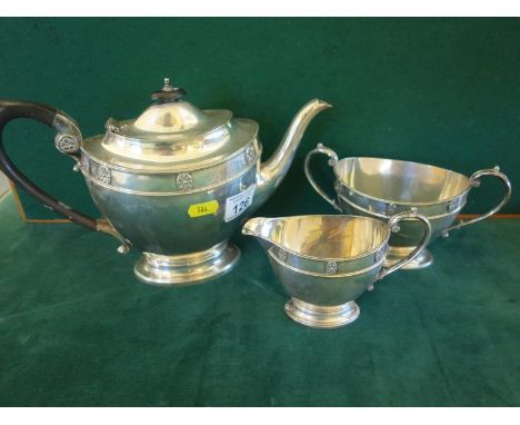 Harrods of London a 3 piece silver plated tea set in the classical style comprising tea pot, cream jug and sugar basin, ebony